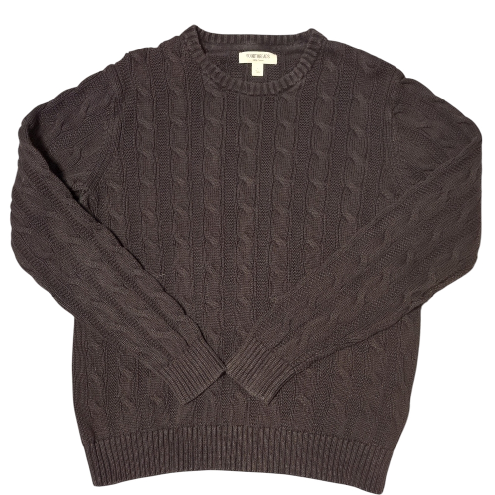 Goodthreads Men's Cable Knit Crewneck Sweater - Charcoal Grey Size L